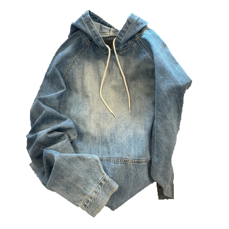 Men & Women Couples Denim Hooded Pullovers Drawstring Solid Color Loose Sweatshirts Vintage Big Pocket Raglan Sleeve Hoodies