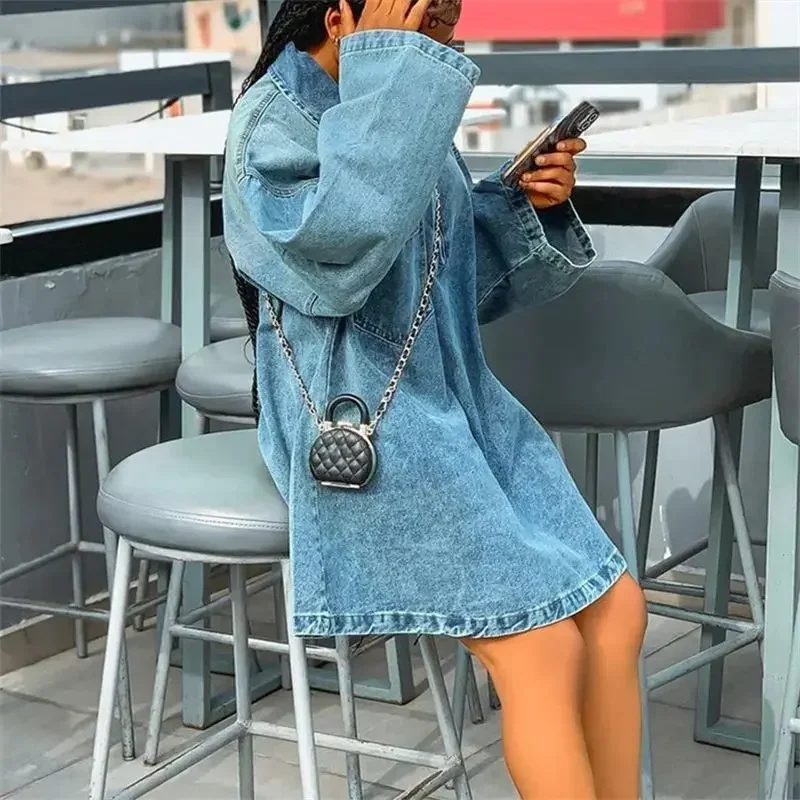Women Zipper Splice Large Lapel Neck Dress Fashion Casual Commuter Loose Denim Gown Spring Autumn Long Sleeve Female Dresses New