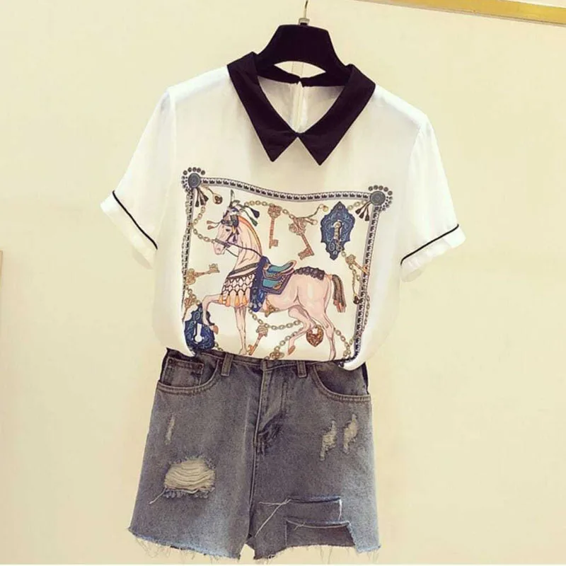 Korean Casual Printed Spliced Chiffon Shirt for Women Summer Fashion All-match Short Sleeve Polo-Neck Blouse Female Clothing