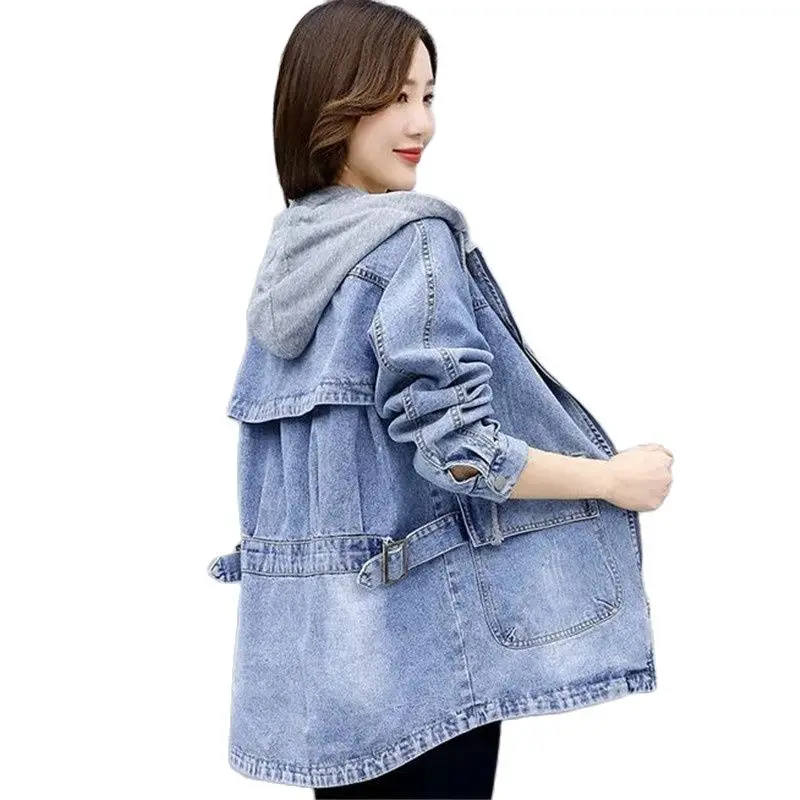 Women\'s Jean Jacket 2023 Spring And Autumn New Hooded Denim Jacket Female Mid-Length Female Korean Loose