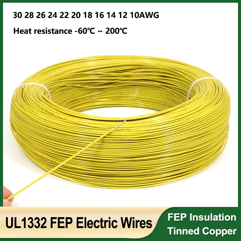 

1m ~ 100m Yellow UL1332 PTFE Electric Wire 30 28 26 24 22 20 18 16 14 12 10AWG FEP Insulation Tinned Copper Cable for 3D Printer