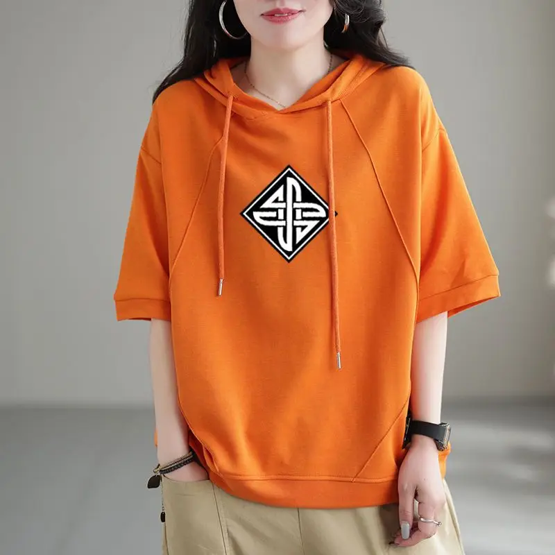 2024 New Summer Korean Casual Loose and Versatile Artistic and Fashionable Print Oversized Short Sleeved Hoodie for Women