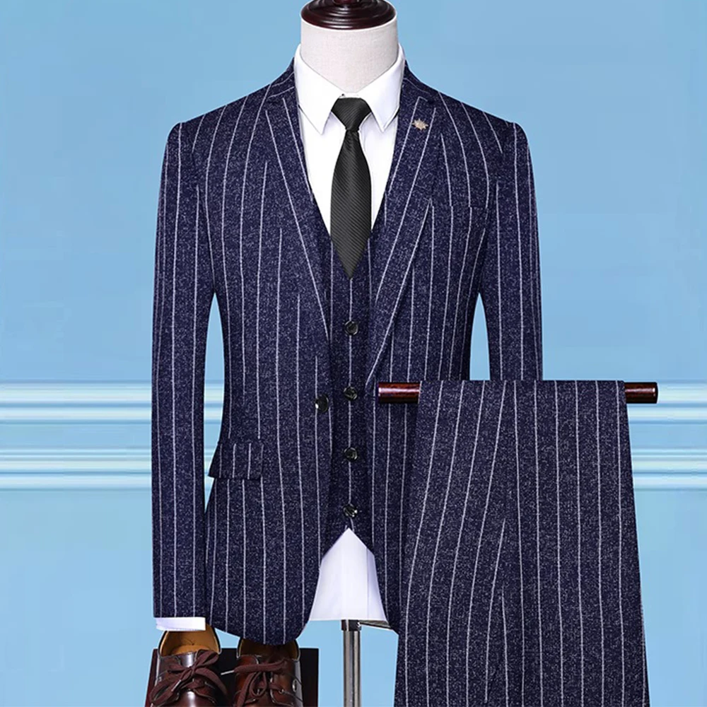 Mens 3 Piece Suits Regular Fit Long Sleeve Elegant Daily Casual Striped 3 Piece Suits For Men Single Button