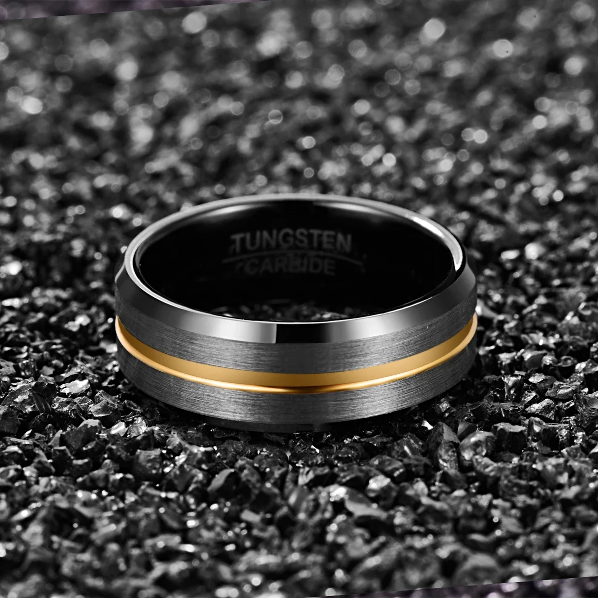 NUNCAD 8mm Width Tungsten Carbide Ring Electroplated Black Inner Ring Bevel Gold Groove Frosted Tungsten Steel Men's Ring T175R image 4