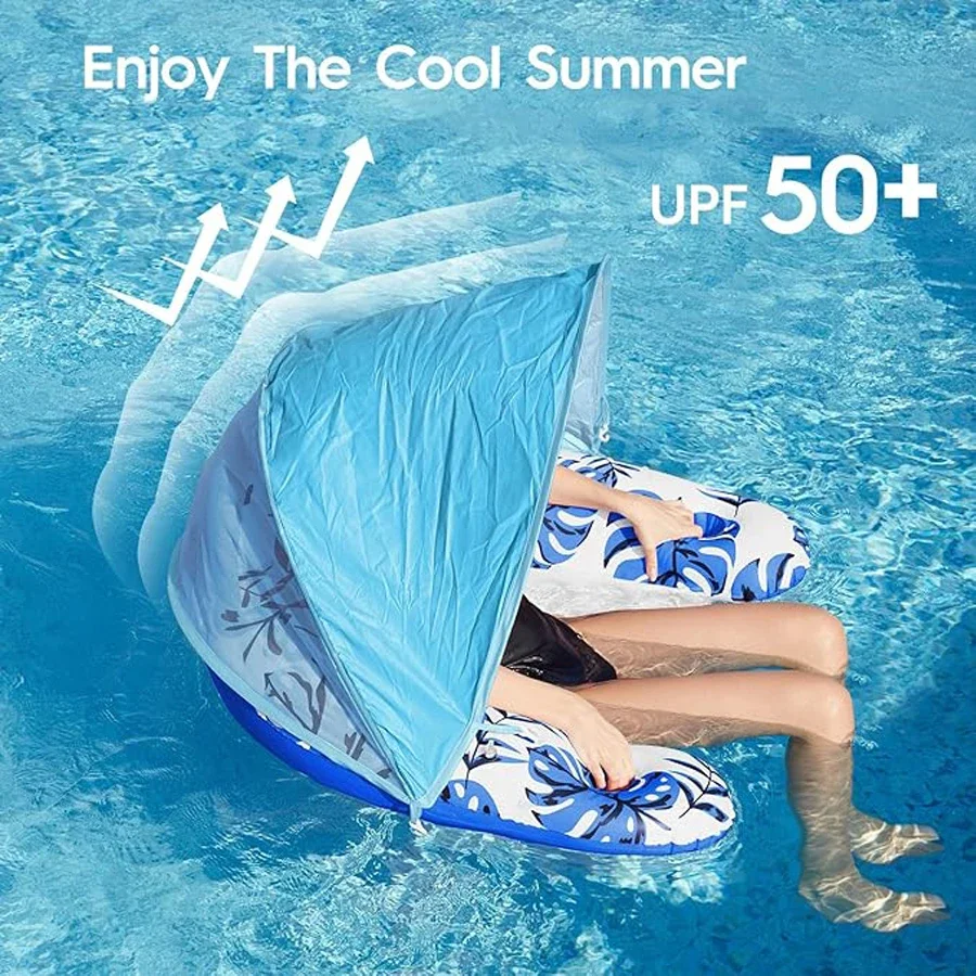 MuqiNush 大人用プールフロート キャノピー付きインフレータブルチェア ラウンジ 調節可能な日よけカバー付きチェア ドリンクホルダー付き人間工学に基づいたヘッドレスト