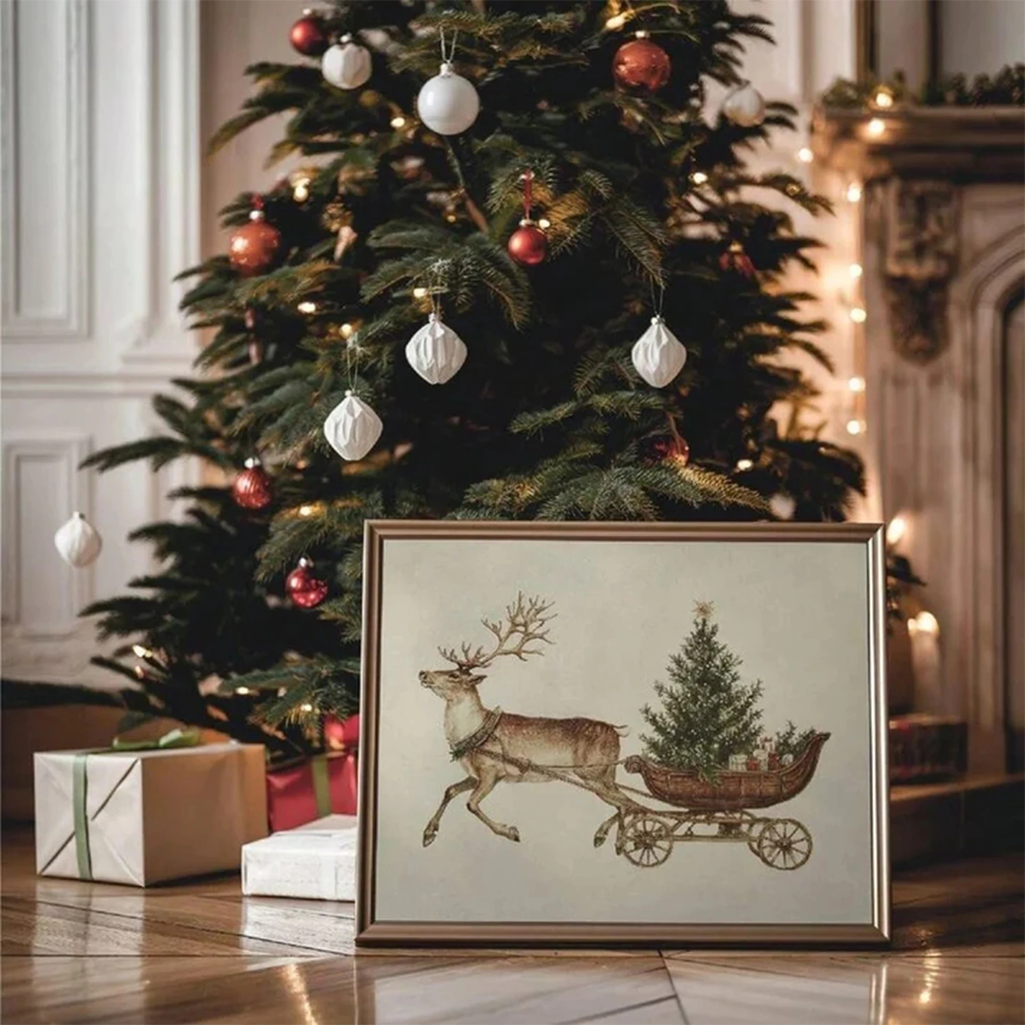 Vintage Reindeer With Christmas Tree Sleigh  Wall Art Print Canvas Painting Poster Picture For Living Room,Bedroom Home Decor