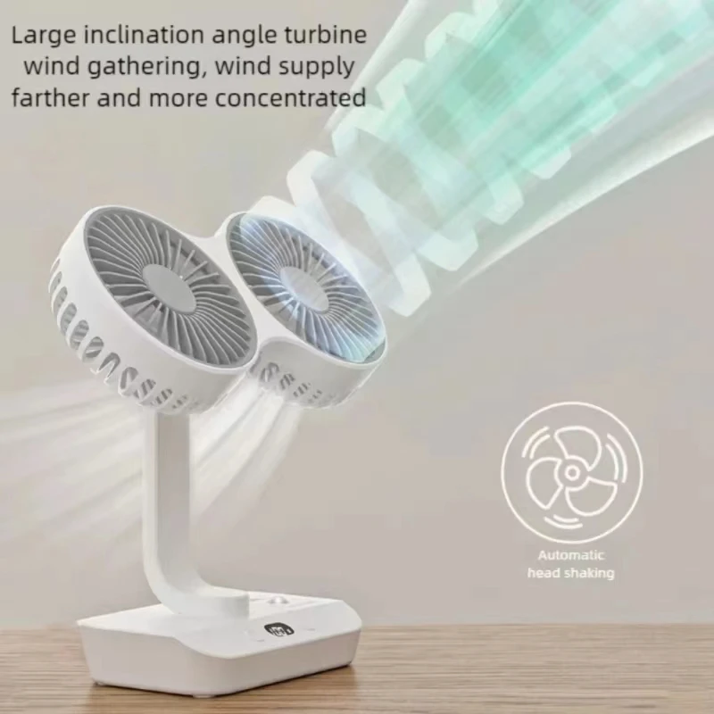 

Double Head Desktop Oscillating Fan USB Rechargeable 4000mAh Battery Powered Portable Automatic Rotating Table Fan 4 Gear Wind