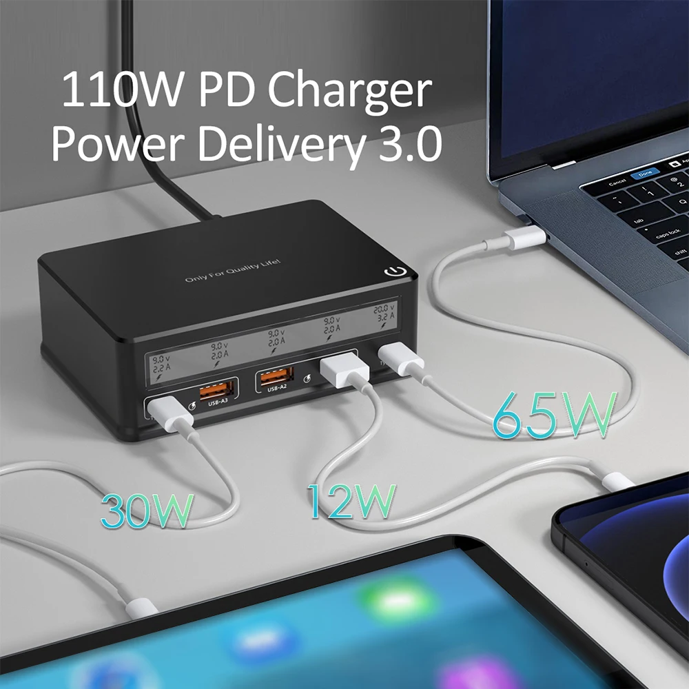 USB Wall Charger 110W 5-Port USB Charging Station Multi Port USB Hub Charger Compact Size LCD Display