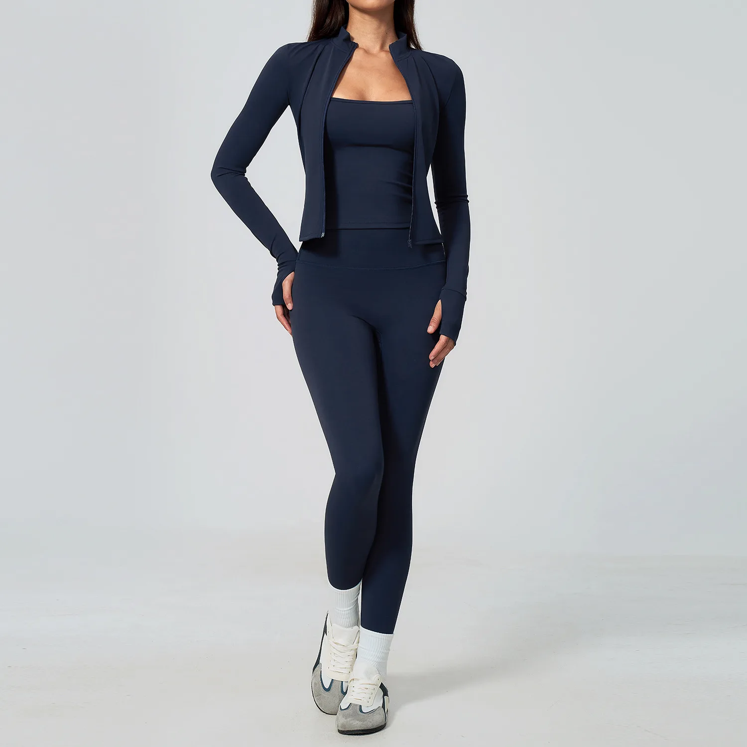 Women Yoga Set 3PCS Workout Set Sportswear Gym Clothing Zipper Fitness Long Sleeve High Waist Leggings Cycling Shorts Sports Bra