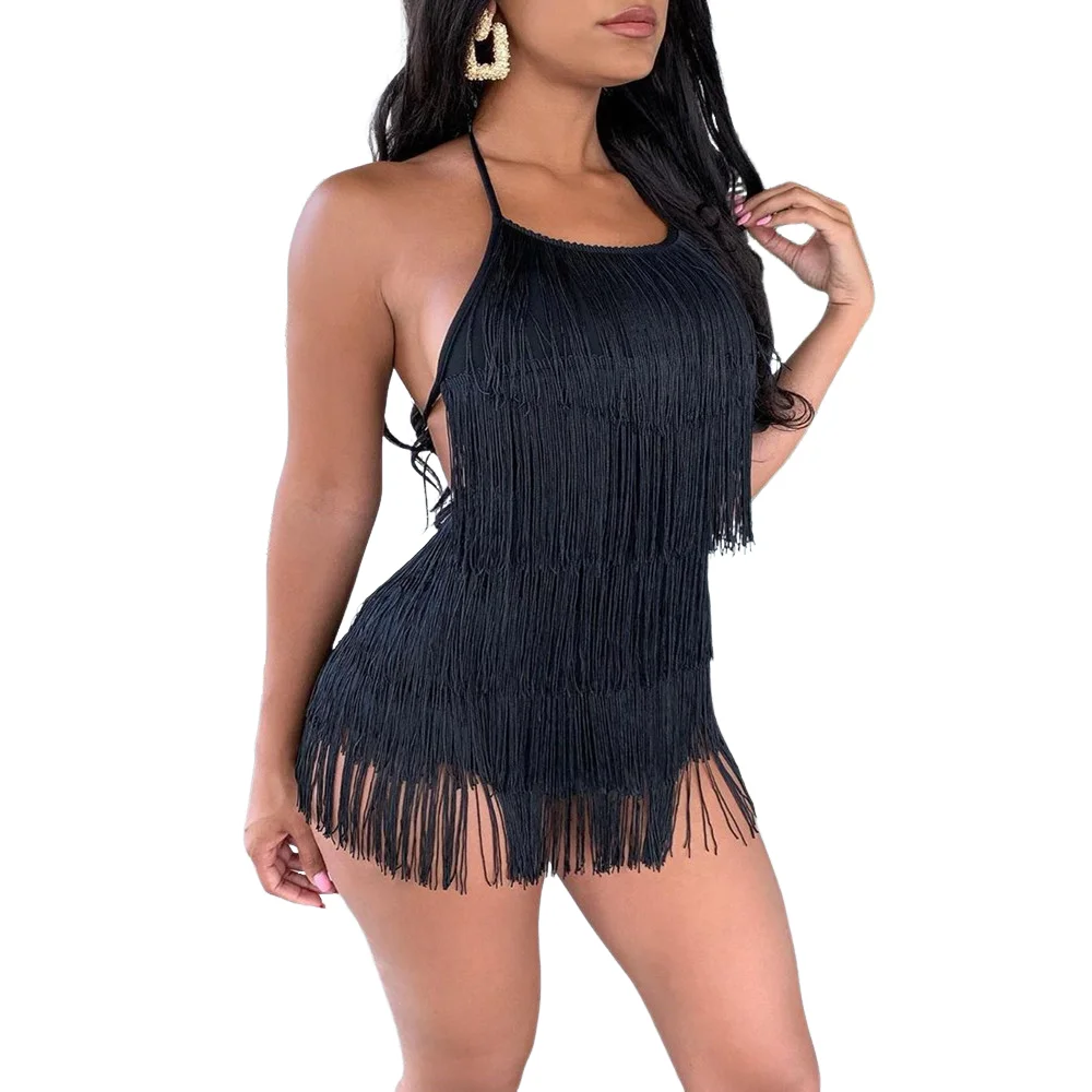 Pagliaccetto da donna con frange e nappe allacciate, elegante, sexy, senza schienale, festival musicali, club, festa, tuta senza maniche, con allacciatura sul retro