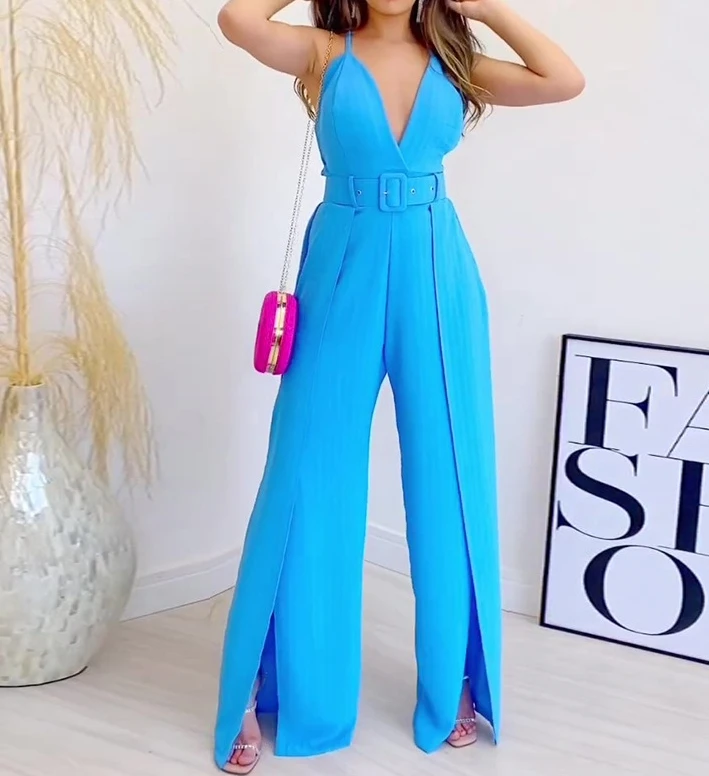 

Women's Jumpsuit 2024 Spring/summer Latest Sweet Solid Color Suspender V-Neck High Waisted Slit Wide Leg Pants Romper Bodysuit