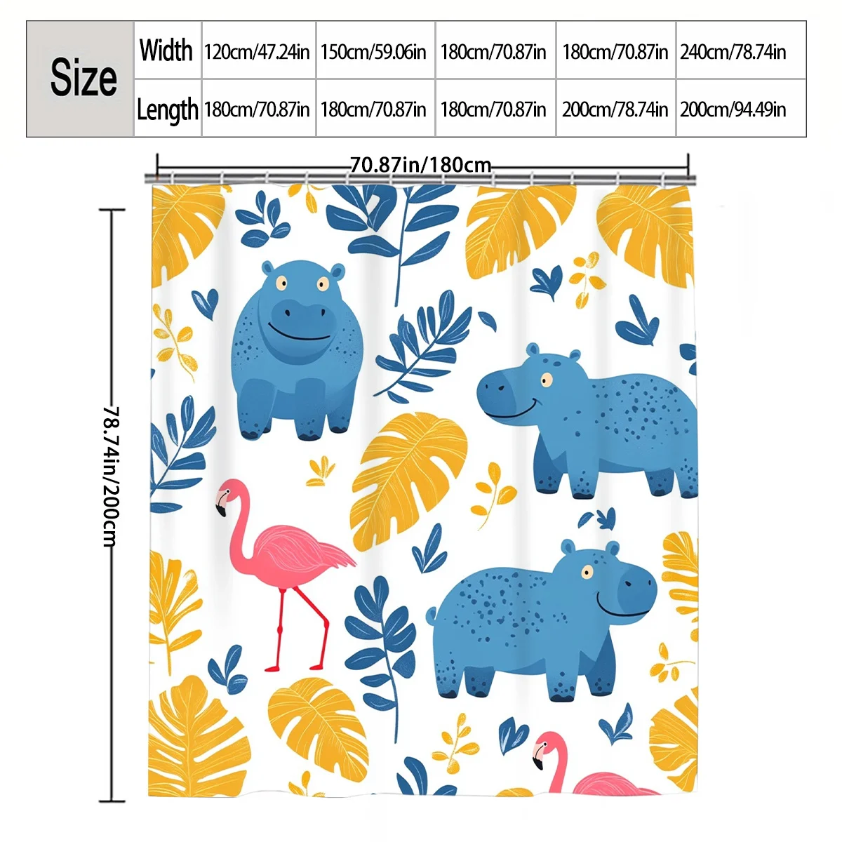 Cartoon Hippo & Flamingo Tropical Leaf Shower Curtain 1pc with 12 Hooks for Bathroom Home Decor Polyester 2D Flat Print