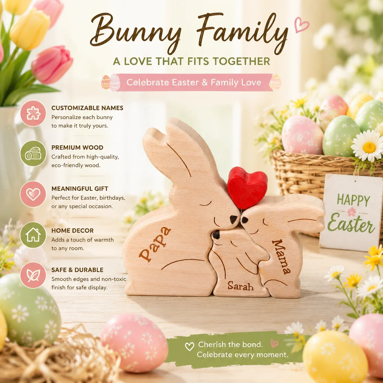Custom Names Wooden Bunnies Puzzle Easter Spring Rabbit Decor Family Birthday Anniversary Gift Classmate Friends Fans Keepsake
