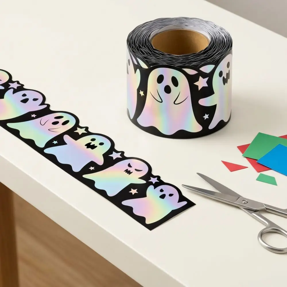 Iridescent Halloween Border Trim Easy Remove Waterproof Holographic Decals Multicolor Straight Rolled Boo Border Chalkboard