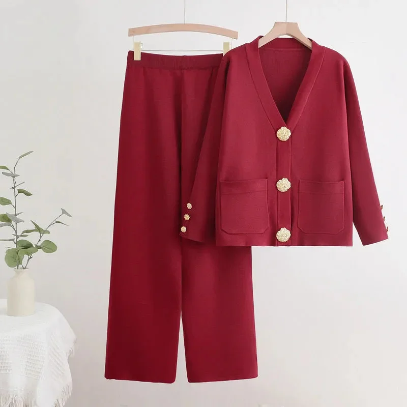 

fashion Women suits Gold Button Knitted Cardigan Sweater and Wide Leg Pants Set 2-piece set 2026 New Spring Autumn clothing