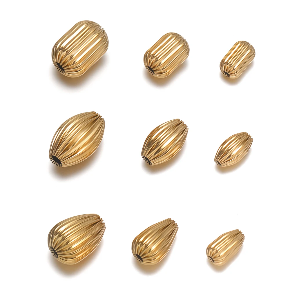 10Pcs Stainless Steel Gold Big Ribbed Oval Teardrop Shapes Loose Beads DIY Jewelry Necklace Making Bracelet Supplies Accessories