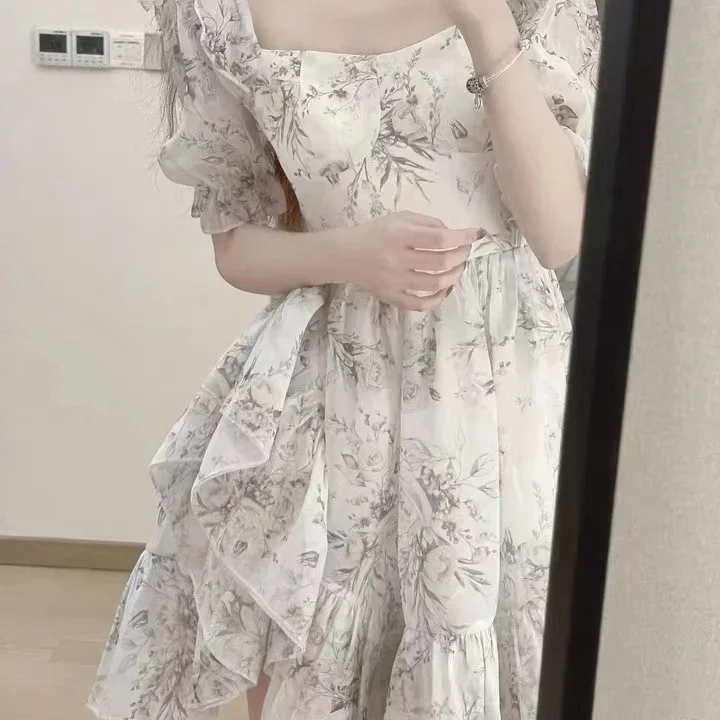 2025 프린트 꽃무늬 퍼프 슬리브 드레스 스퀘어 칼라 원숄더 반팔 스커트 2025 여성 의류 2025 프린트 꽃무늬 P
