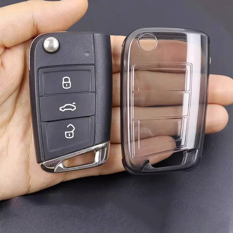 Étui à clés de voiture à rabat en TPU souple Transparent pour VW Volkswagen Golf 7 MK7 Tiguan MK2 pour SEAT Ateca Leon FR 2 Ibiza pour Skoda Octavia