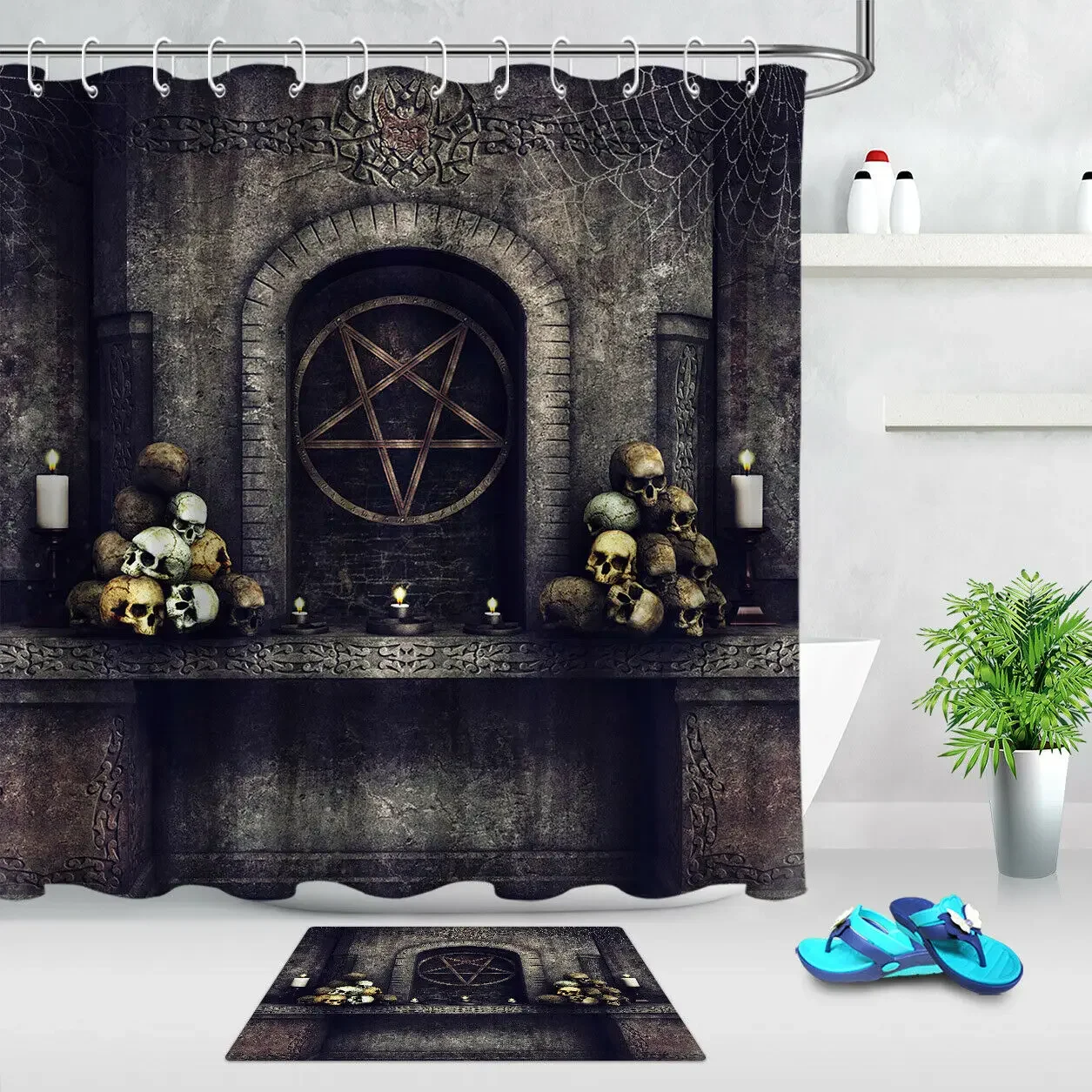 Halloween Satan Symbol Skulls Shower Curtain Set Bathroom Fabric w/12 Free Hooks