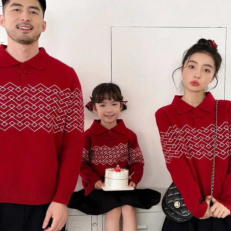 Family Red Chinese Knitted Sweater Winter New Year Parent-child Warm Christmas Jumper Dad Mom and Daughter Son Matching Clothes