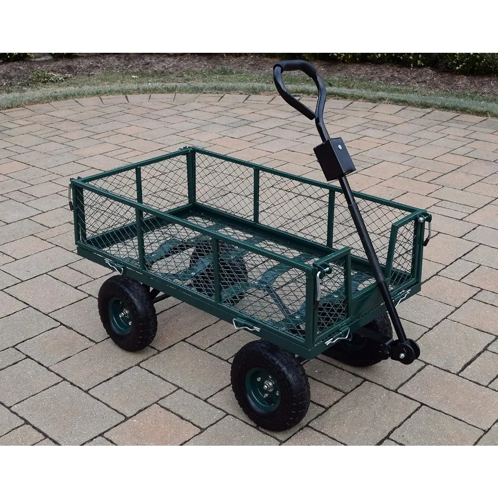 Garden Carts 45” Sturdy Forest Green Metal Garden Utility Cart With Adapter Handle Wheels Trolley Cargo Trolleys Folding Home