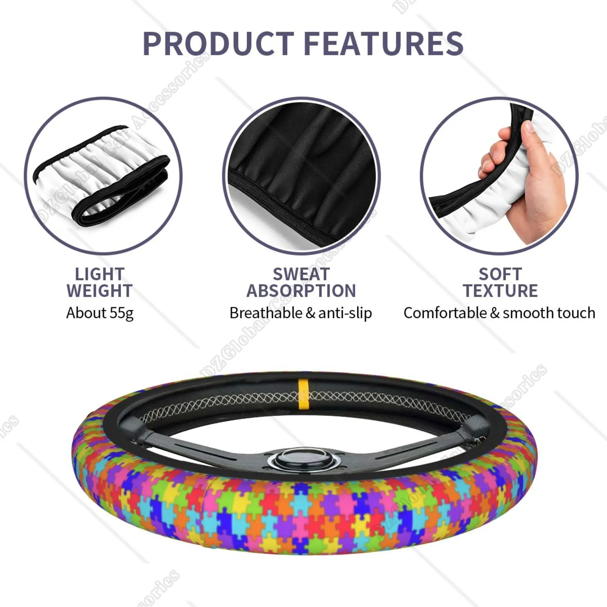 Care for World Autism Awareness Day Puzzle Steering Wheel Cover Universal 15 Inch Car Accessories Anti-Slip Breathable Elastic