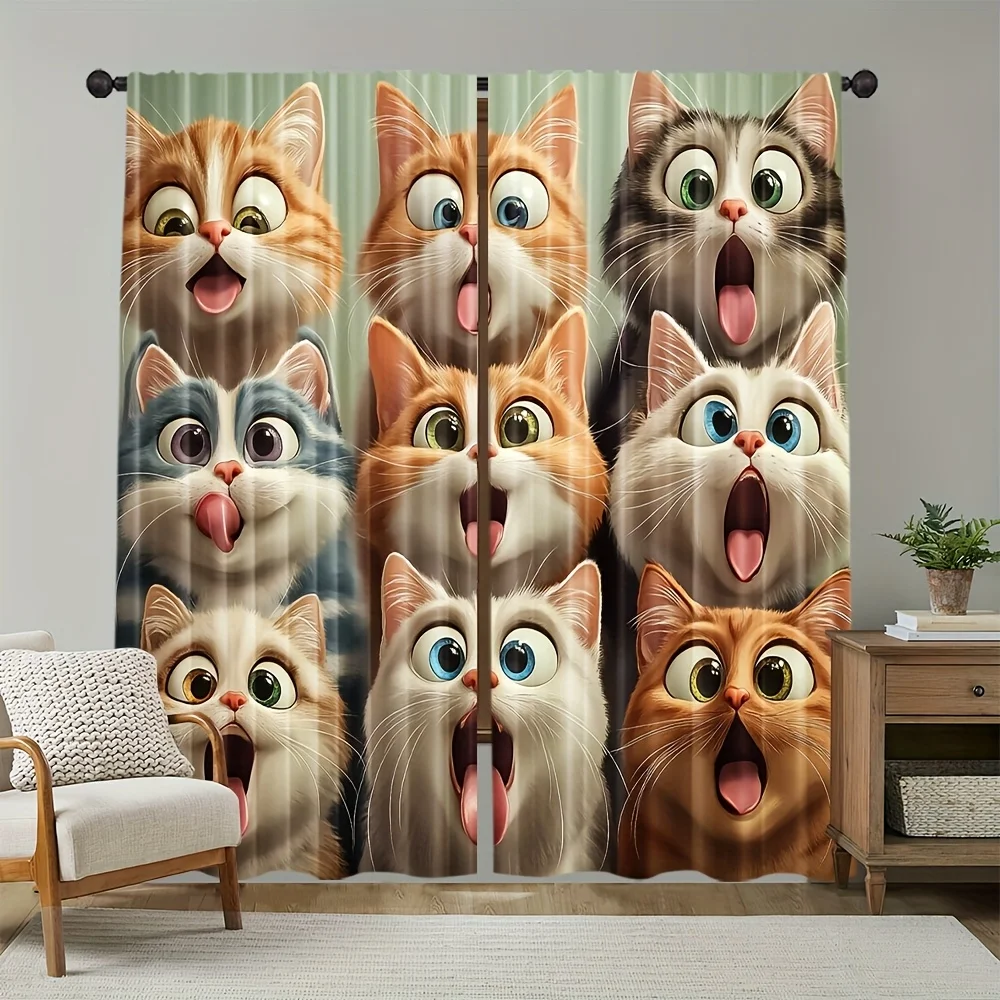 Elegant cat-print curtains, pole-mounted installation. Suitable for living rooms, bedrooms, dining rooms and hotels.