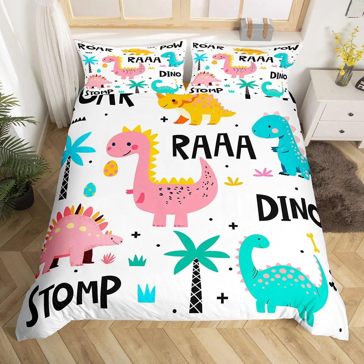 Cartoon Dinosaur Bedding Set Cute Dino Duvet Cover Set for Boys Teens Bedroom Decor Wildlife Jungle Animal Comforter Cover Set
