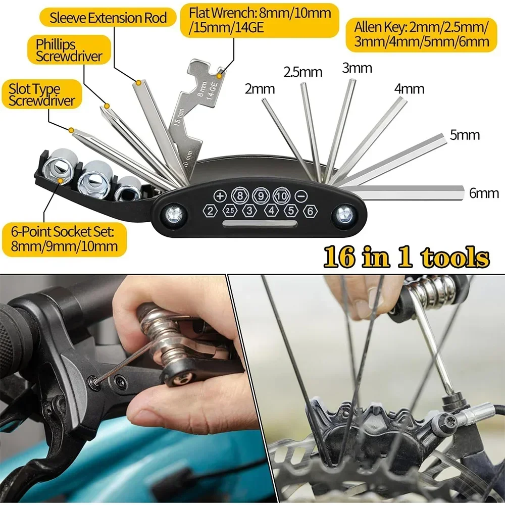 16 in 1 Bike Repair Tool Kits Bicycle Multitool with Bike Tire Levers Hex Spoke Wrench Folding Metric Repair Tool Set