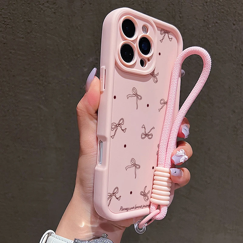 Cute Polka Dot Bow Pattern Soft Lanyard Phone Case For iPhone 17 16 15 Pro Max 14 13 12 11 16E X XR XS 7 8 Plus Silicone Cover - náhled 3