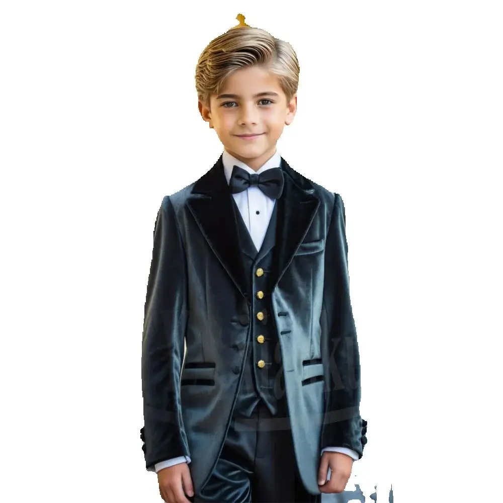 Chic Boys Velvet Suit Set Single Breasted Kids Wear for Wedding Prom Party Pageant 3 Piece Outfit Includes Jacket Vest Pants