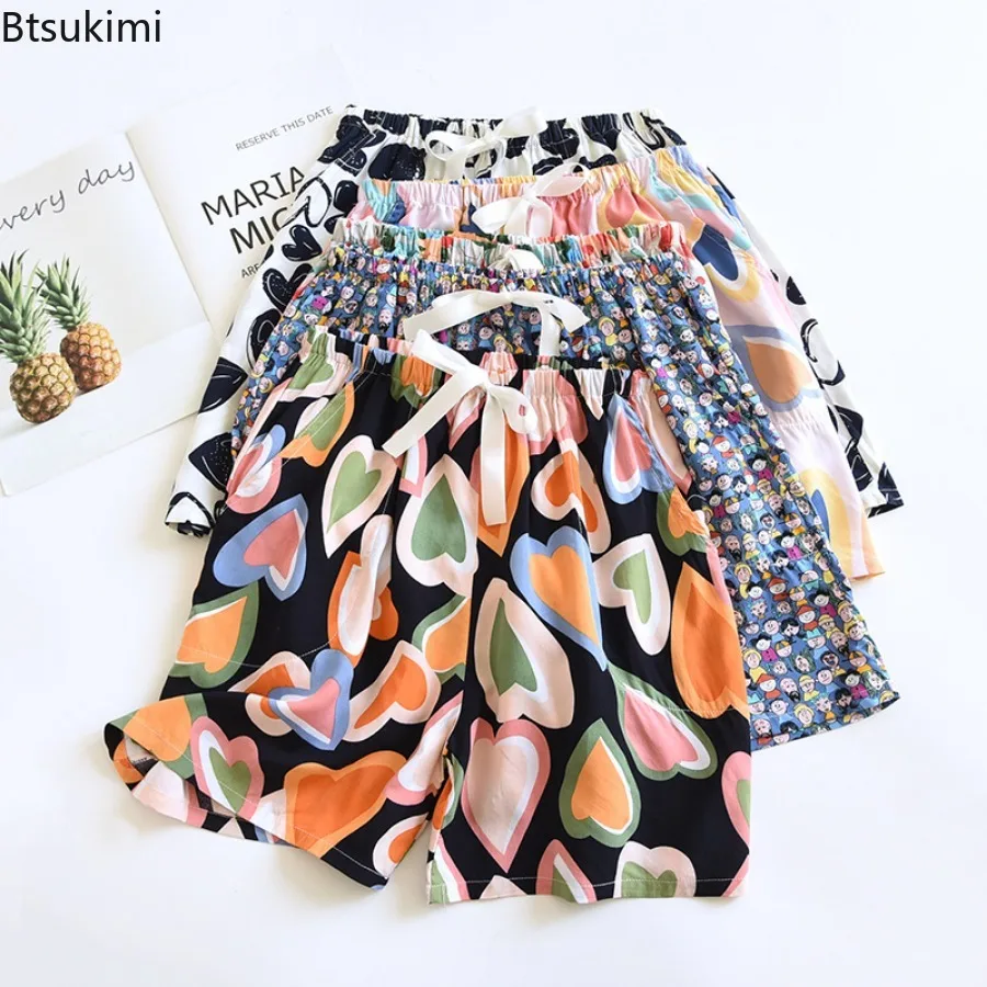 Women's Home Clothes Summer Shorts Flower Printed Wide Home Casual Shorts Sleepwear Comes with Pocket Sleep Bottoms Lounge Wear