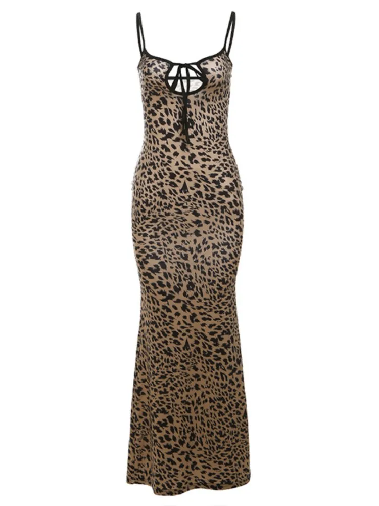 Vestido largo con tirantes finos y estampado de leopardo para mujer, con espalda descubierta traje Sexy, ajustado, ropa de calle a la moda para