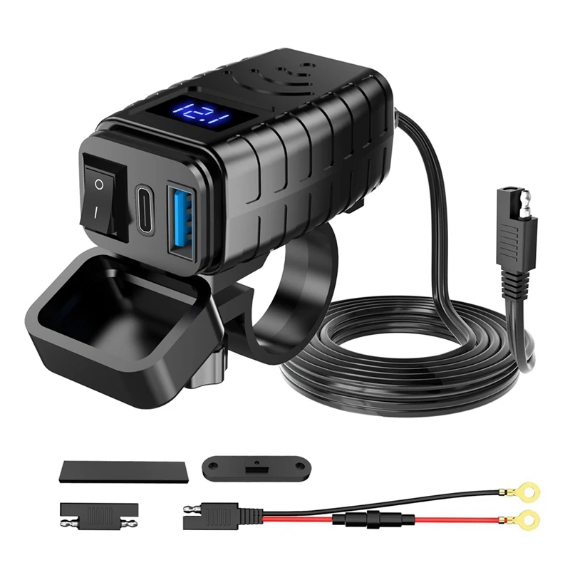 PD3.0+QC3.0 .0 Motorcycle USB Fast Charger Port Socket Connector With Cell Mobile Voltmeter Digital Charge