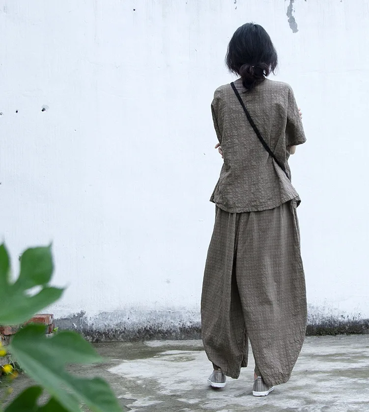 Johnature Casual All-match Full Length Wide Leg Pants 2026 Summer New Cotton Linen Elastic Mid Waist Patchwork Plaid Women Pants