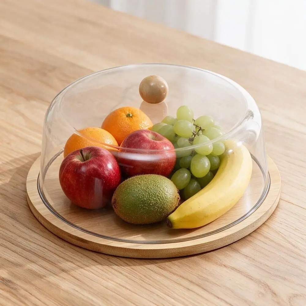 Multi-functional Dust-proof Dessert Display Plate Round Wood Base Tasting Platter with Transparent Lid Cake Serving Tray Wedding