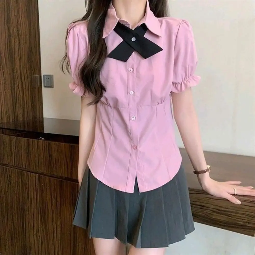Bowknot JK Short Sleeve Shirts Y2K Preppy Style Slim Blouse Women Puff Sleeve Crop Top Sweet Girls Shirts Streetwear