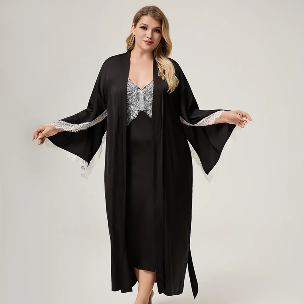 

Sexy Black Robe Sleepwear Woman Lace Trim Split Cuff Kimono Bathrobe Morning Gown Loose Casual Silk Satin Lounewear