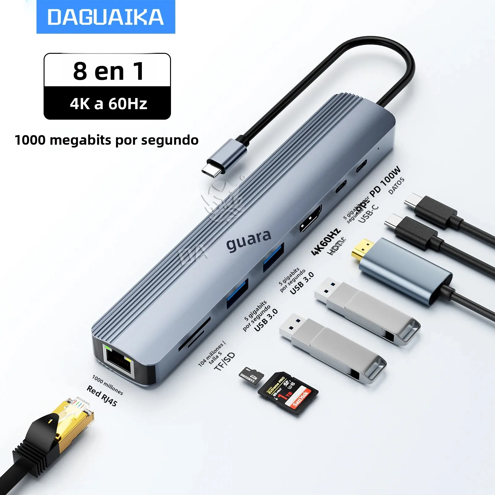 Estación de acoplamiento Hub USB C 8 en 1 con Ethernet de 1000Mbps HDTV 4K60Hz 2 USB3.0 2 puertos USB-C adaptador PD 100W datos de carga máxima