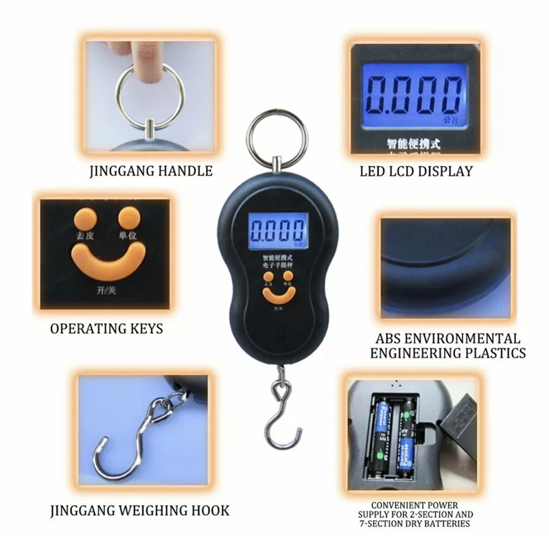 Electronic 50Kg 10g Hanging LCD Digital Scale Fishing Weights Pocket Luggage Scale laboratory teaching+2 AAA Battery