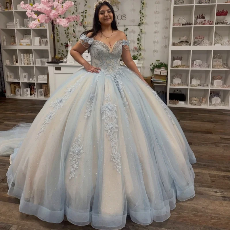 

Shiny Light Blue Quinceanera Dress off-shoulder Glitter Crystal Decal Lace Long tail Bow vestidos de 15 Quinceanera ﻿Customized