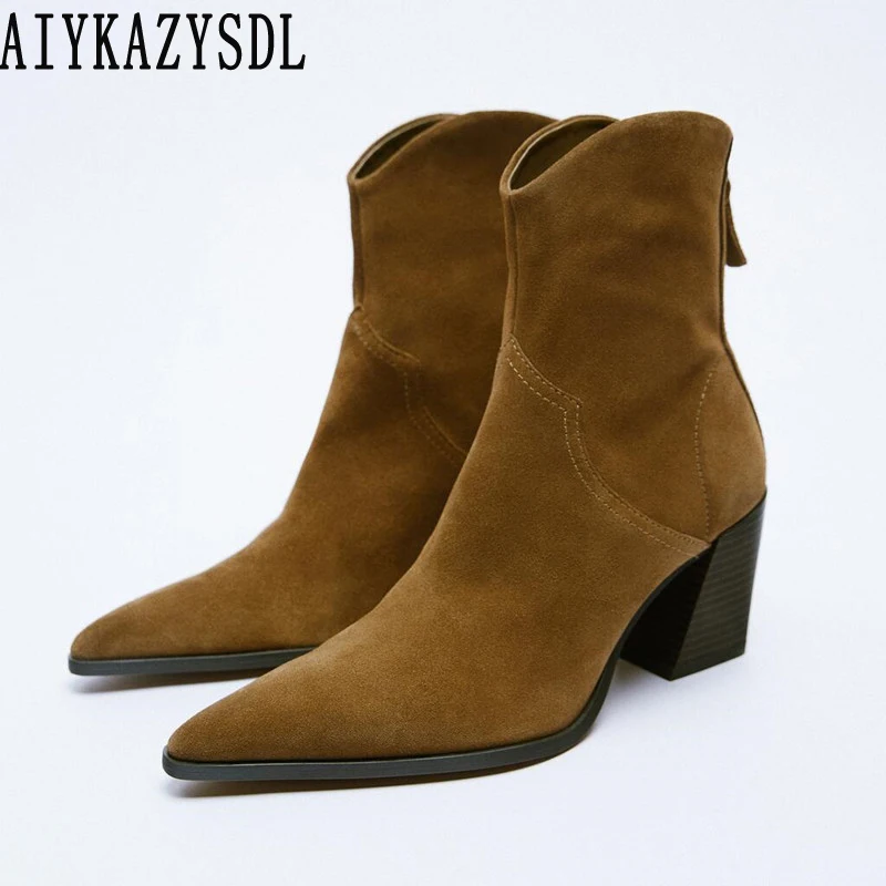 AIYKAZYSDL Spring Autunmn New Fashon Casual Shoes Cowboy Ankle Boots Women Chunky Block Med Heel Shoes Bootie Brown 2023