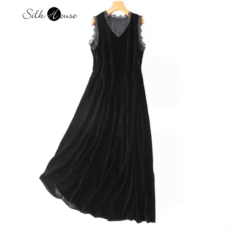 

2024 Women's Fashion Autumn New Light Luxury 30% Natural Mulberry Silk Velvet Retro French Black Lace Sexy Tank Top Dress