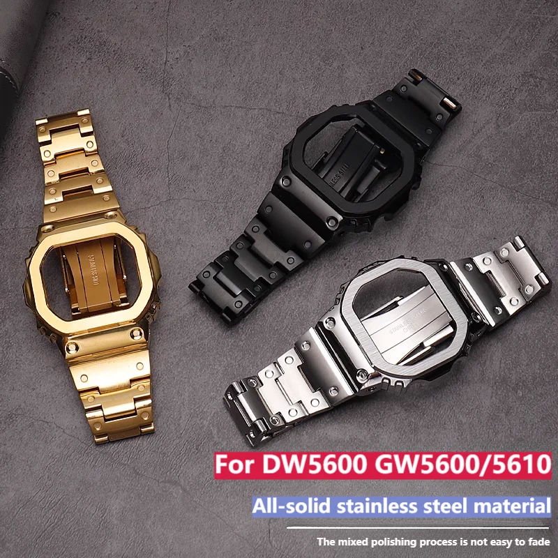 

DW5600 mod kit For Casio 3229 DW-5600 GW-M5610 GW-B5600 case+strap Metal case Modified men Gold Stainless Steel Watch band case