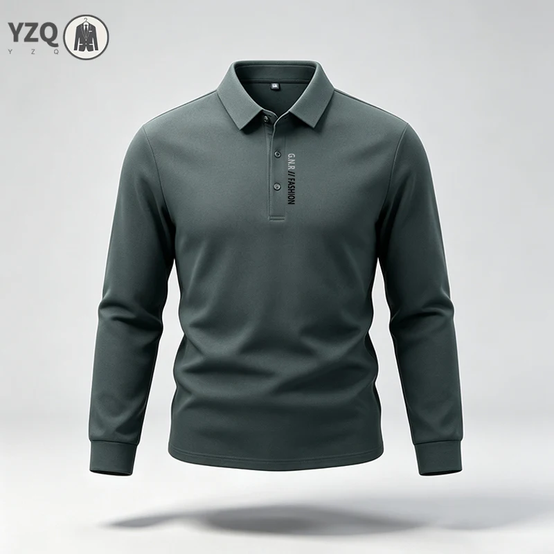 Mens Comfort‑Focused Long Sleeve Polo Shirt Lapel Collar Letter Print For Strolling Gathering And Daily Relax Casual Outfit