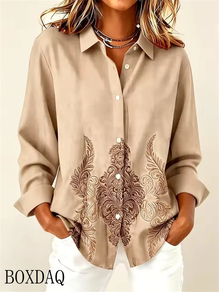 Women's ethnic style printed solid color lapel blouse long sleeved single breasted comfortable office women's shirt women's tops