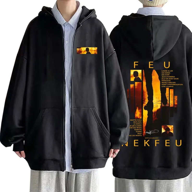 

French Rapper Nekfeu Feu Graphic Zipper Hoodie Men Women Hip Hop Fashion Pop Music Jacket Coat Man Casual Vintage Zip Up Hoodies
