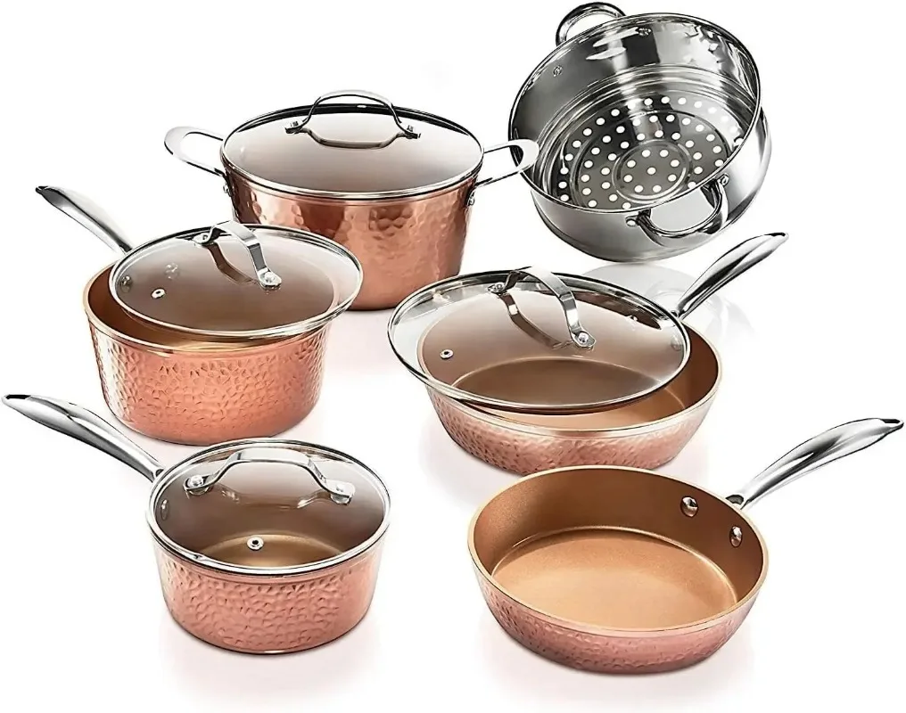 

Hammered Copper 10 Pc Pots and Pans Set Non Stick Cookware Non Toxic Ceramic Cookware Kitchen Cookware Sets