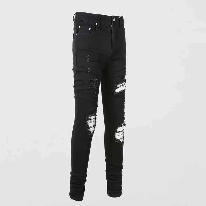 Y2K مصمم الشارع موضة جديدة الرجال الجينز الحنين غسلها مطاطا سليم صالح الأبيض التصحيح الأسود الجينز الهيب هوب العلامة التجارية الرجال السراويل #1