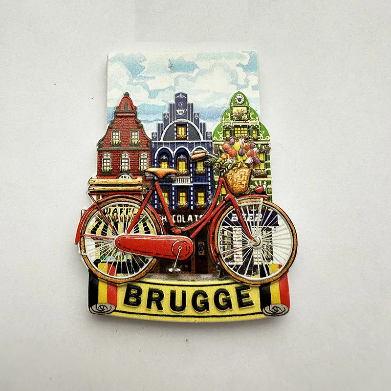 Bruges, Belgium, Bicycle building 3D refrigerator magnets, tourist souvenirs, home decor items, collectible arts and crafts gift